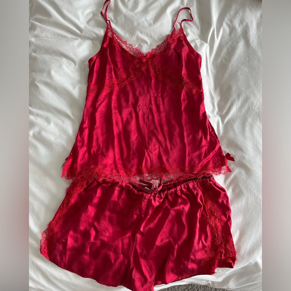 Agent Provocateur Red Lace Trim Silk Cami & Short Pajama Set
